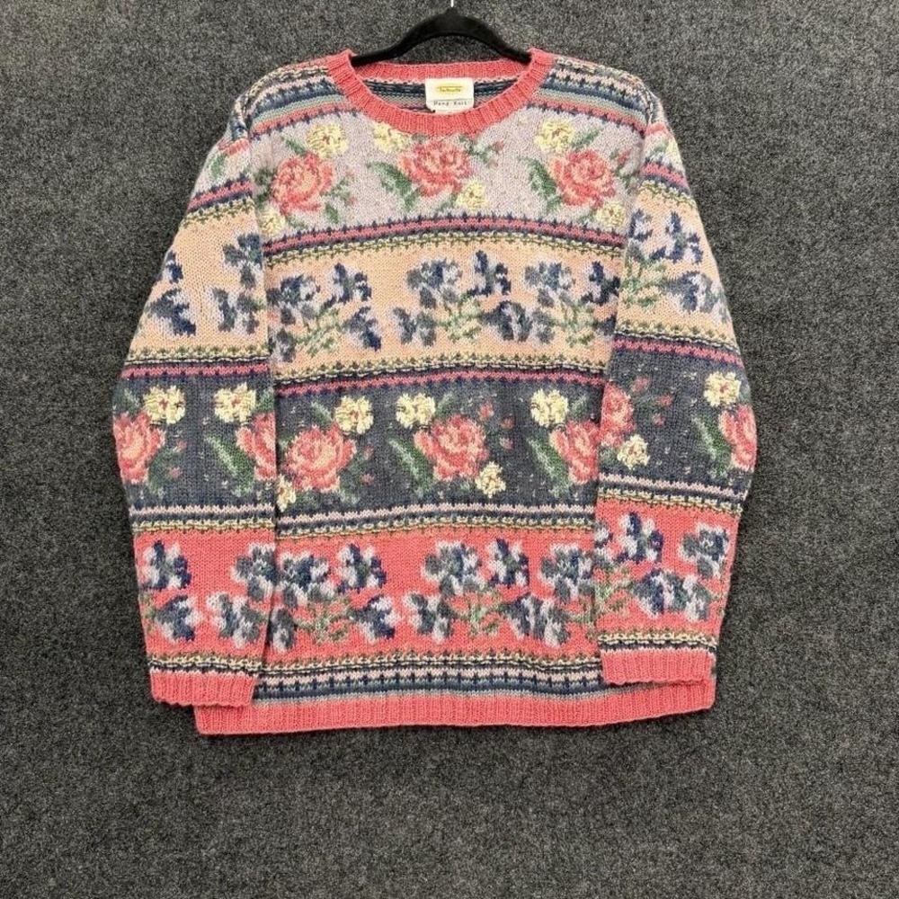 Talbots Floral Hand Knit Sweater Women's Medium Pink Wool Cottagecore Knit VTG